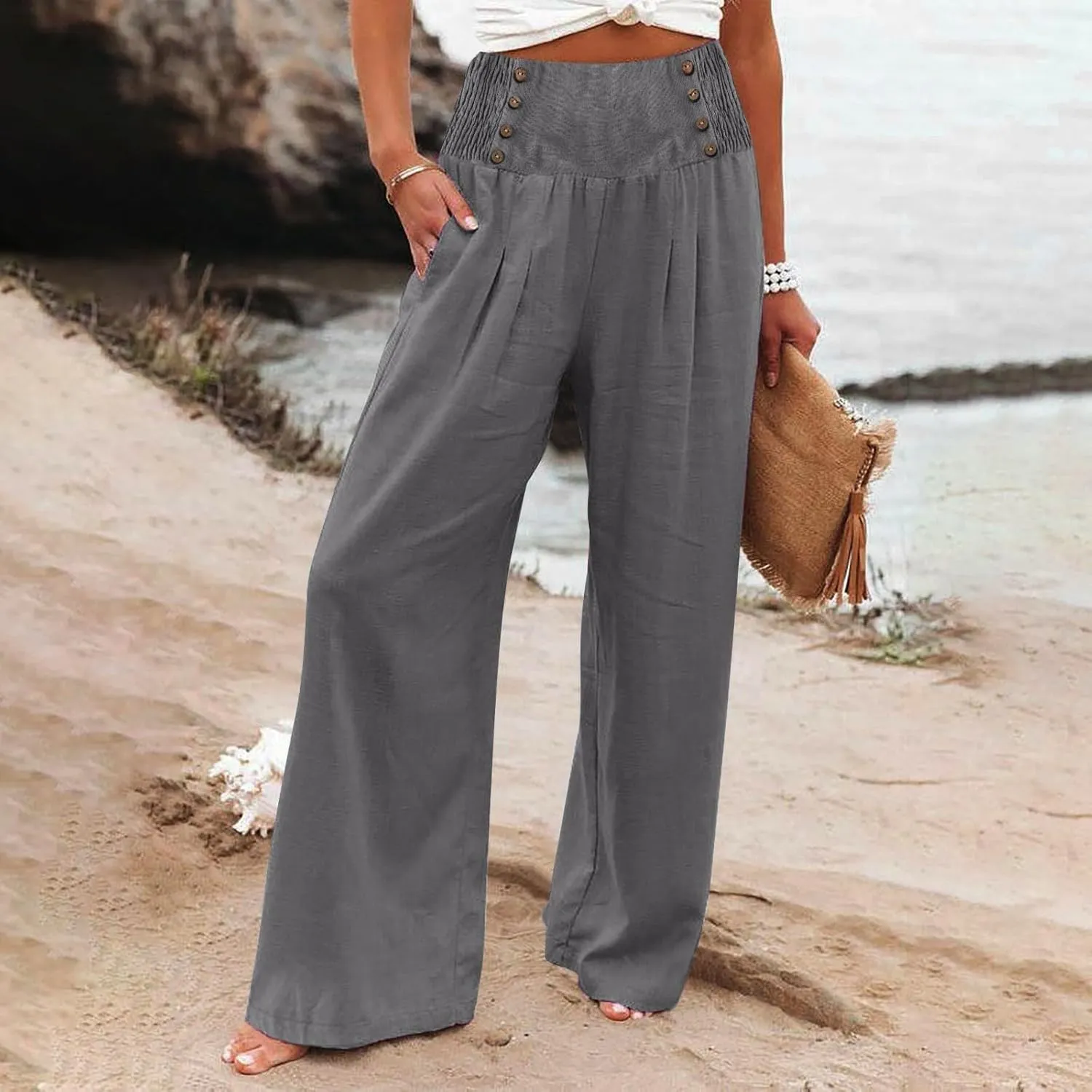 ADHOWBEW Womens Linen Pants Dressy High Waisted Cotton Work Lounge Plus Size Casual Petite Stretch Flowy Pants