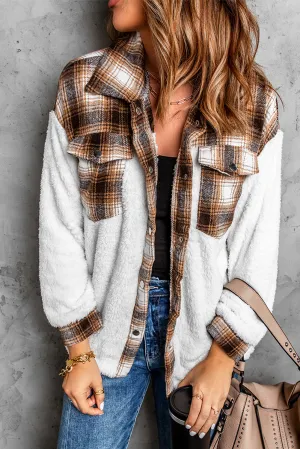 Brown Plaid Patchwork Buttoned Pocket Sherpa Shacket