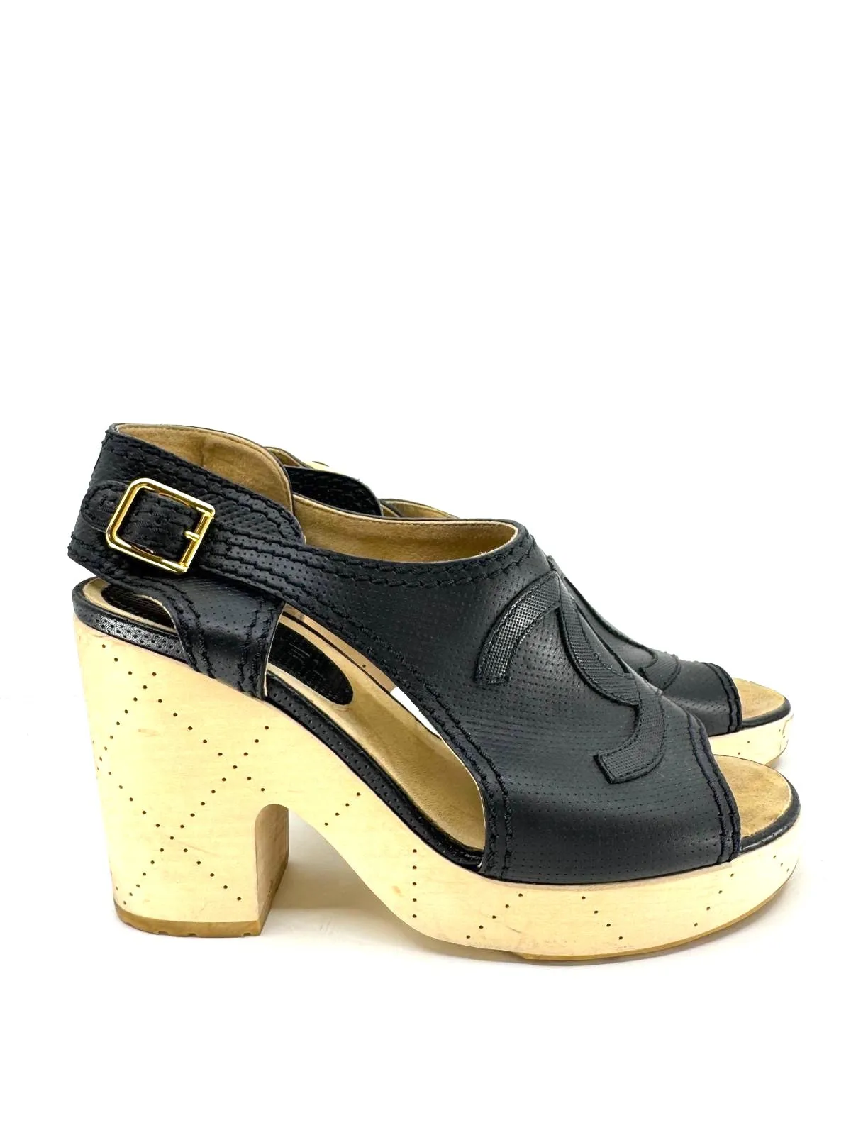 CHANEL CC PERFORATED LEATHER SLINGBACK CLOG SANDALS