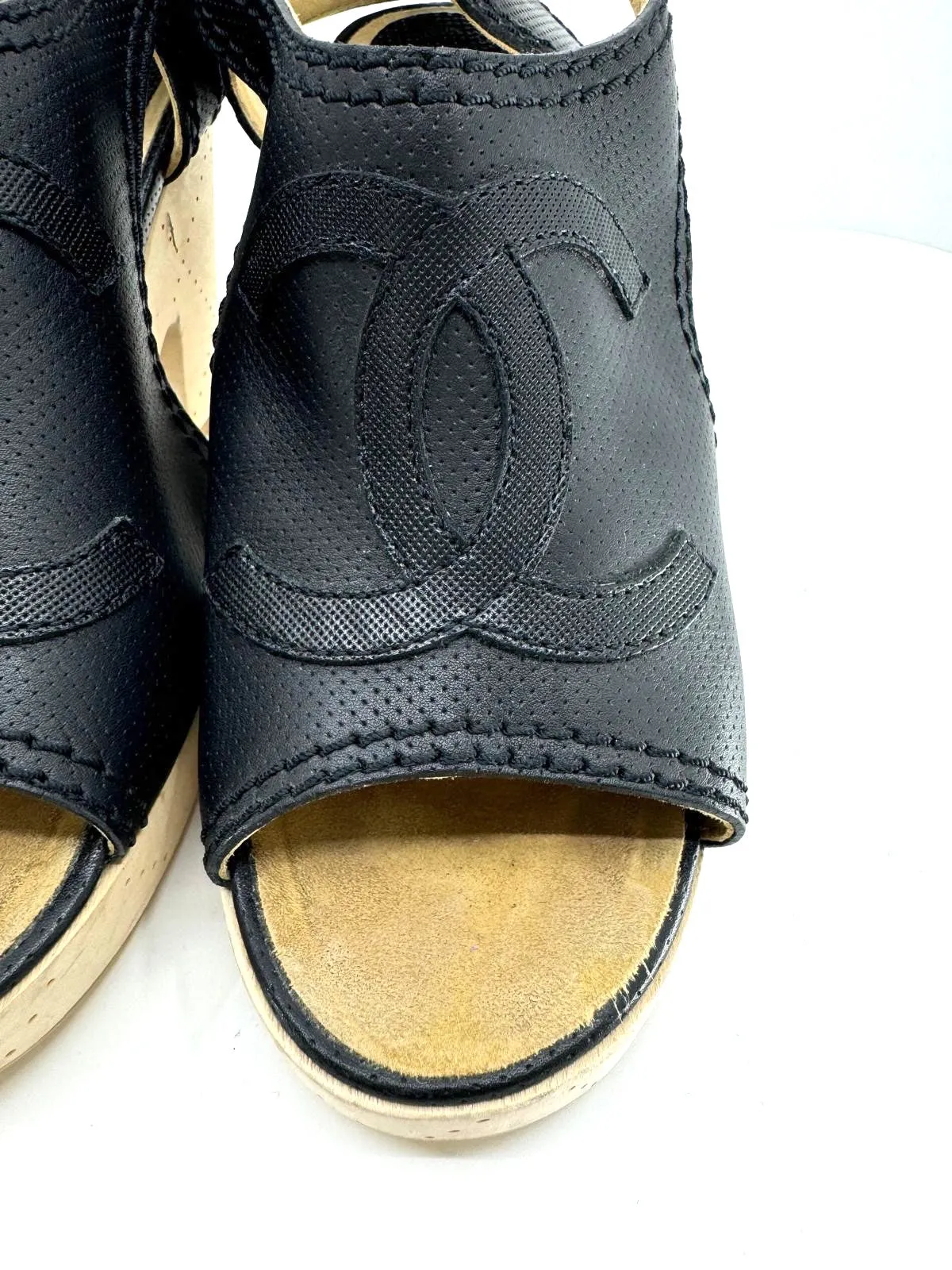CHANEL CC PERFORATED LEATHER SLINGBACK CLOG SANDALS