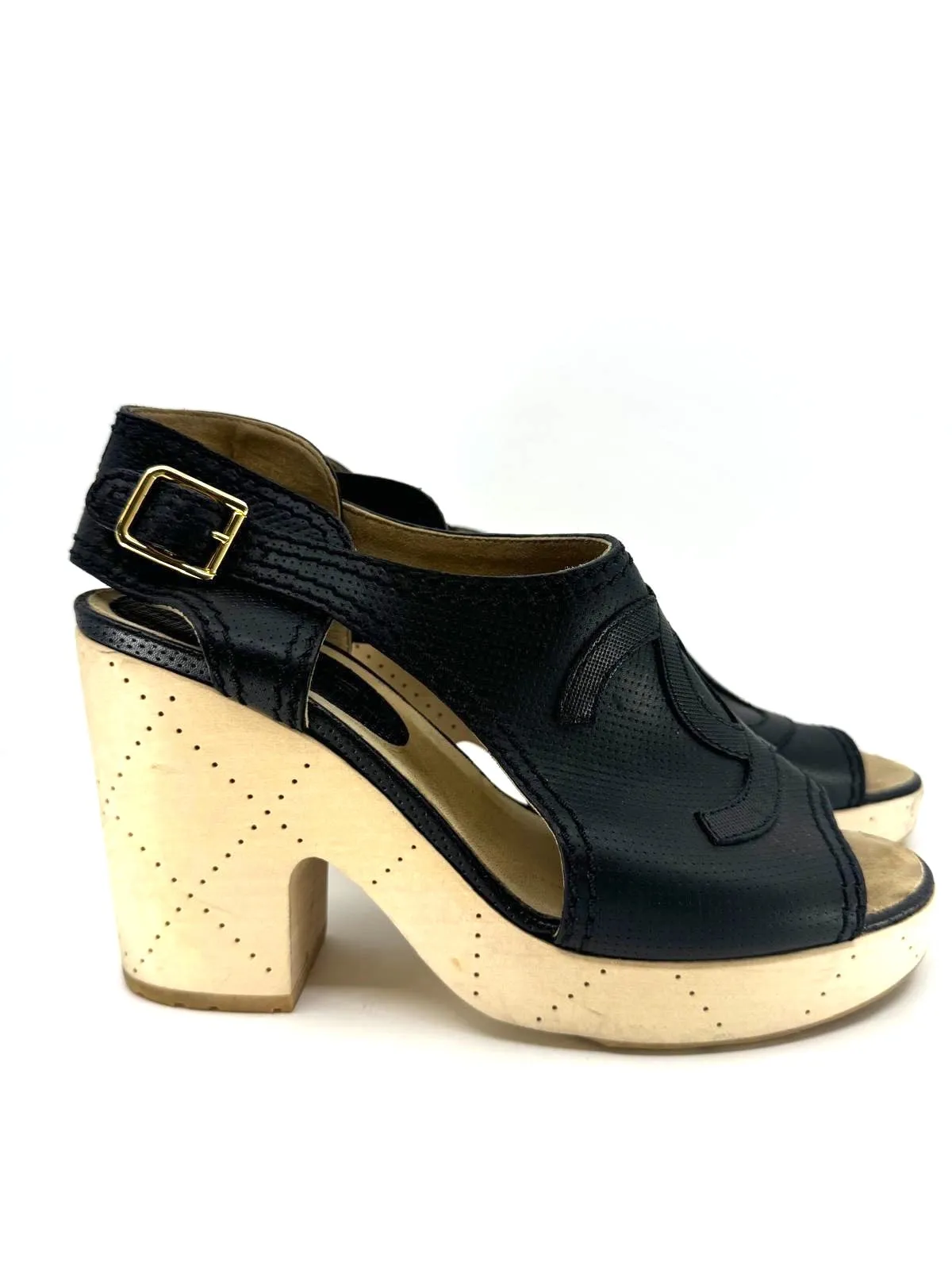 CHANEL CC PERFORATED LEATHER SLINGBACK CLOG SANDALS