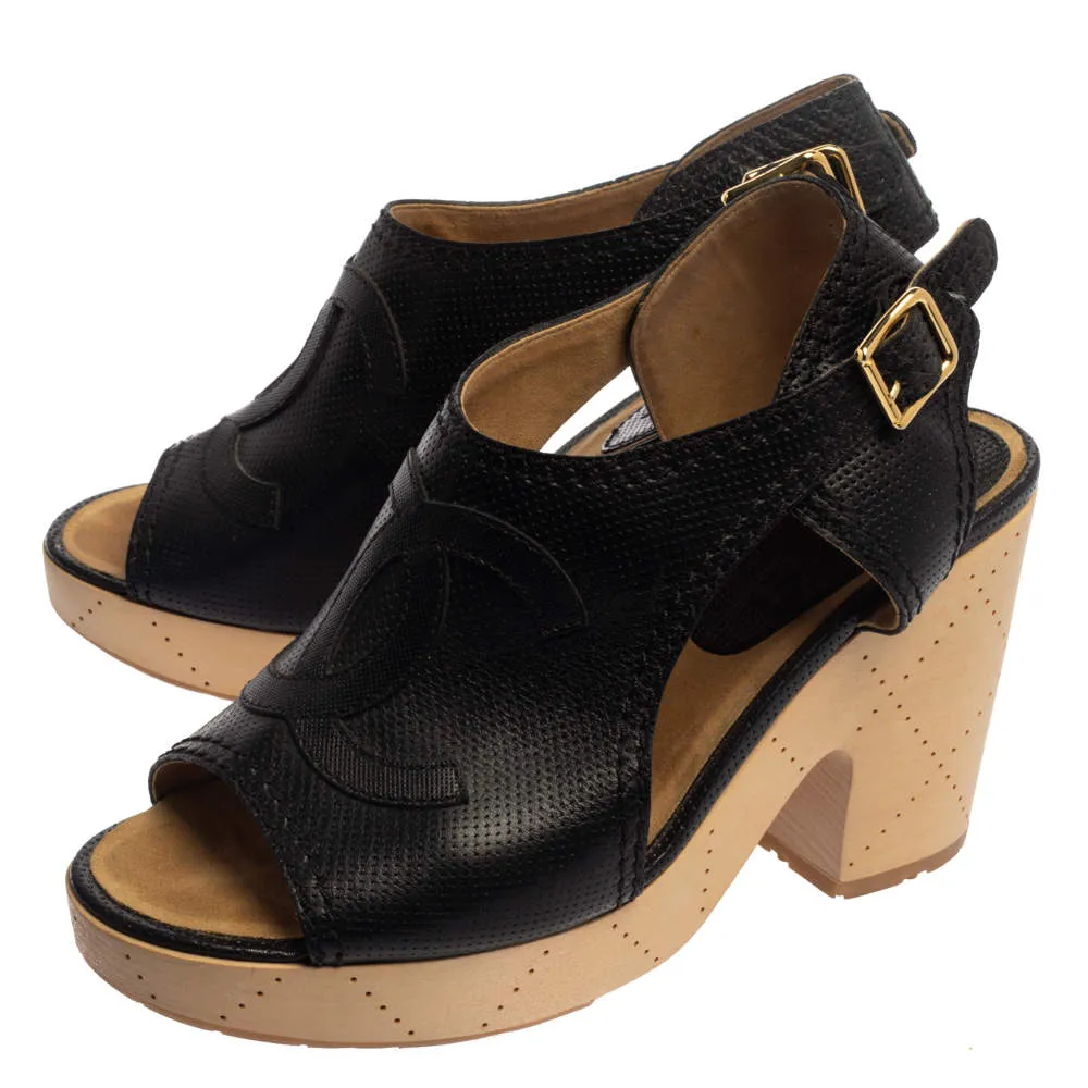 CHANEL CC PERFORATED LEATHER SLINGBACK CLOG SANDALS