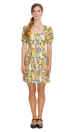 Charming Floral Autumn Sixties Dress with Square Neckline: SIZE XS