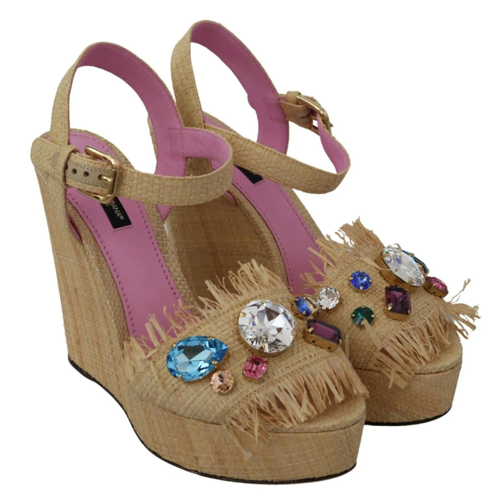 Dolce & Gabbana Beige Silk Strap Wedge Sandals