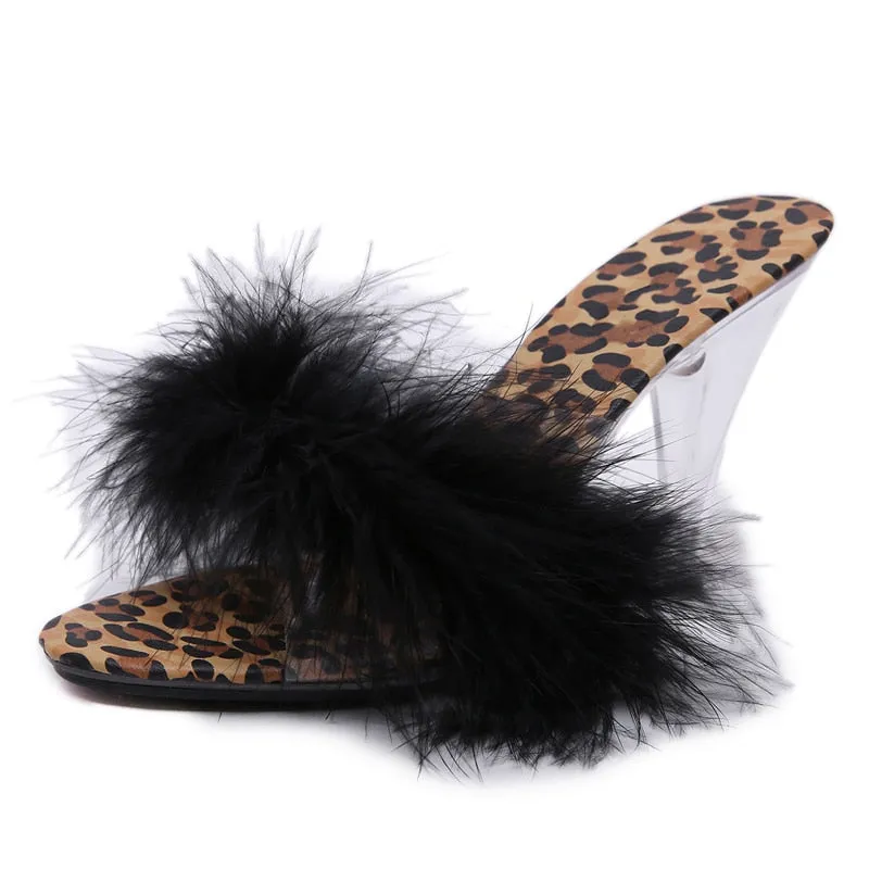 Fluffy Leopard Heeled Slippers