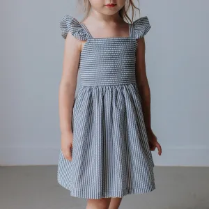 Girl’s Gray Flutter Sleeve Seersucker Dress