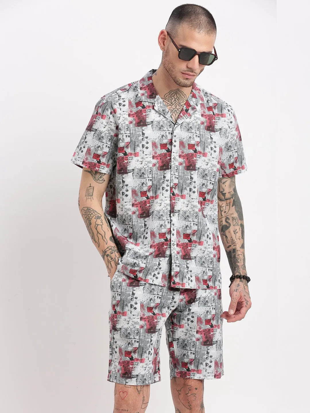 Men Abstract Printed Cuban Collar Grey Co Ords Set