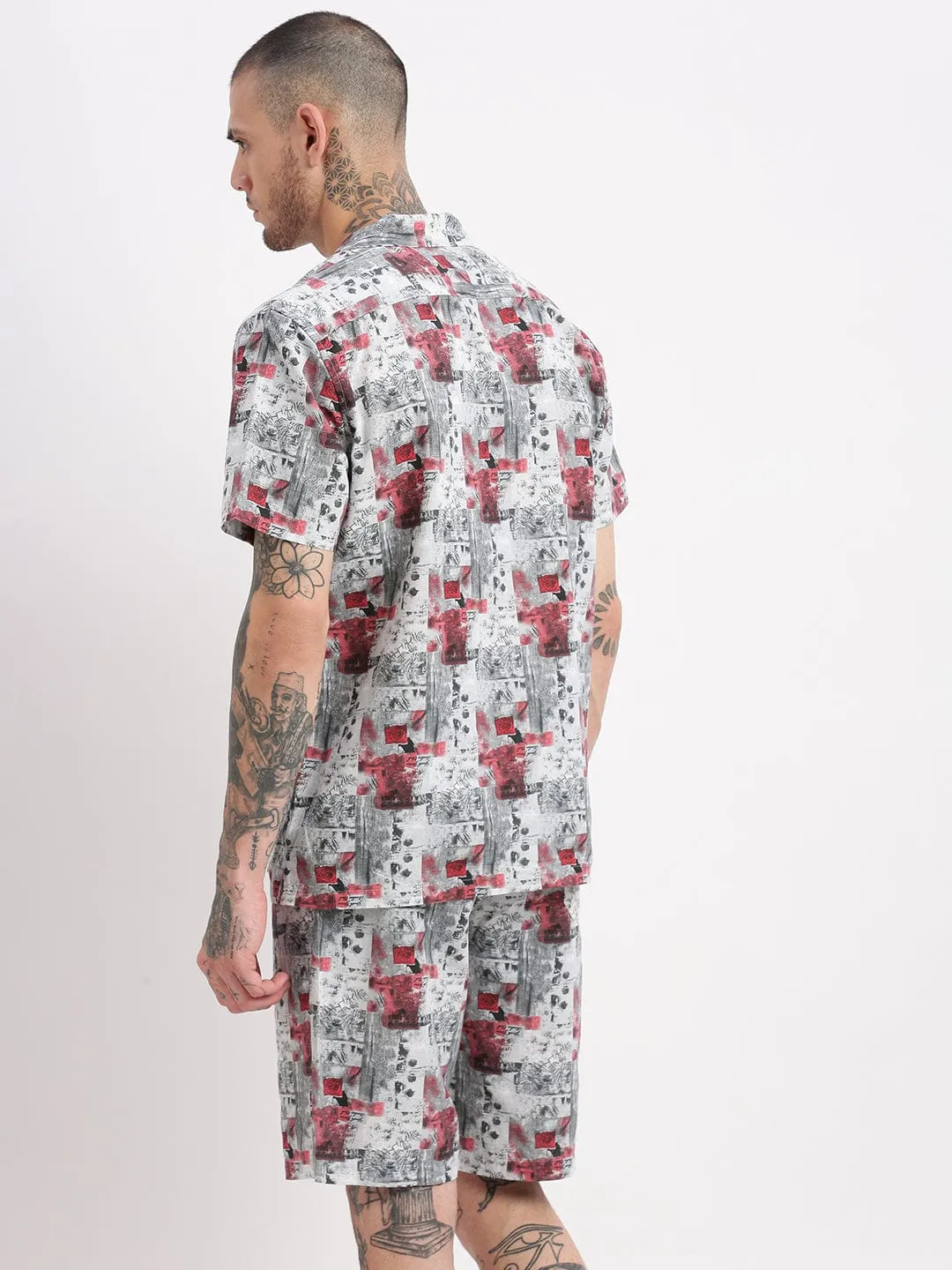 Men Abstract Printed Cuban Collar Grey Co Ords Set