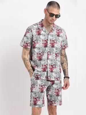 Men Abstract Printed Cuban Collar Grey Co Ords Set