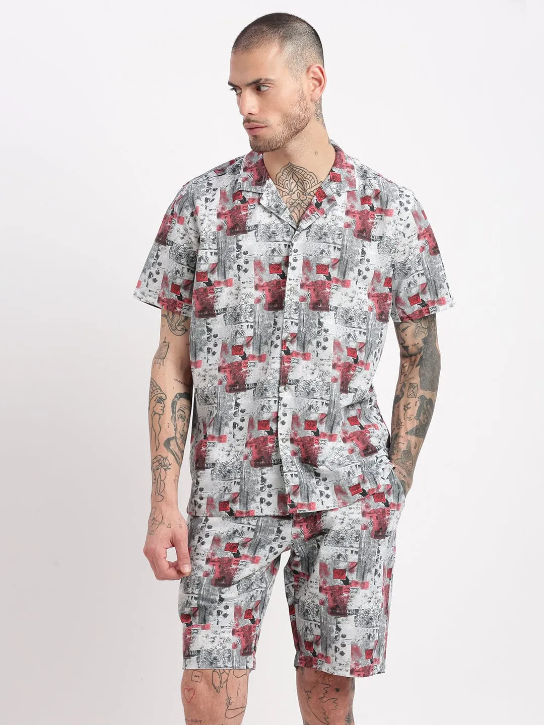 Men Abstract Printed Cuban Collar Grey Co Ords Set