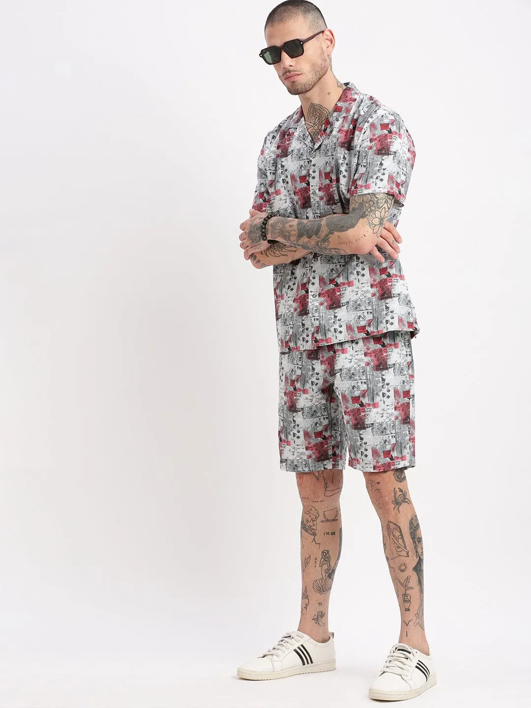 Men Abstract Printed Cuban Collar Grey Co Ords Set