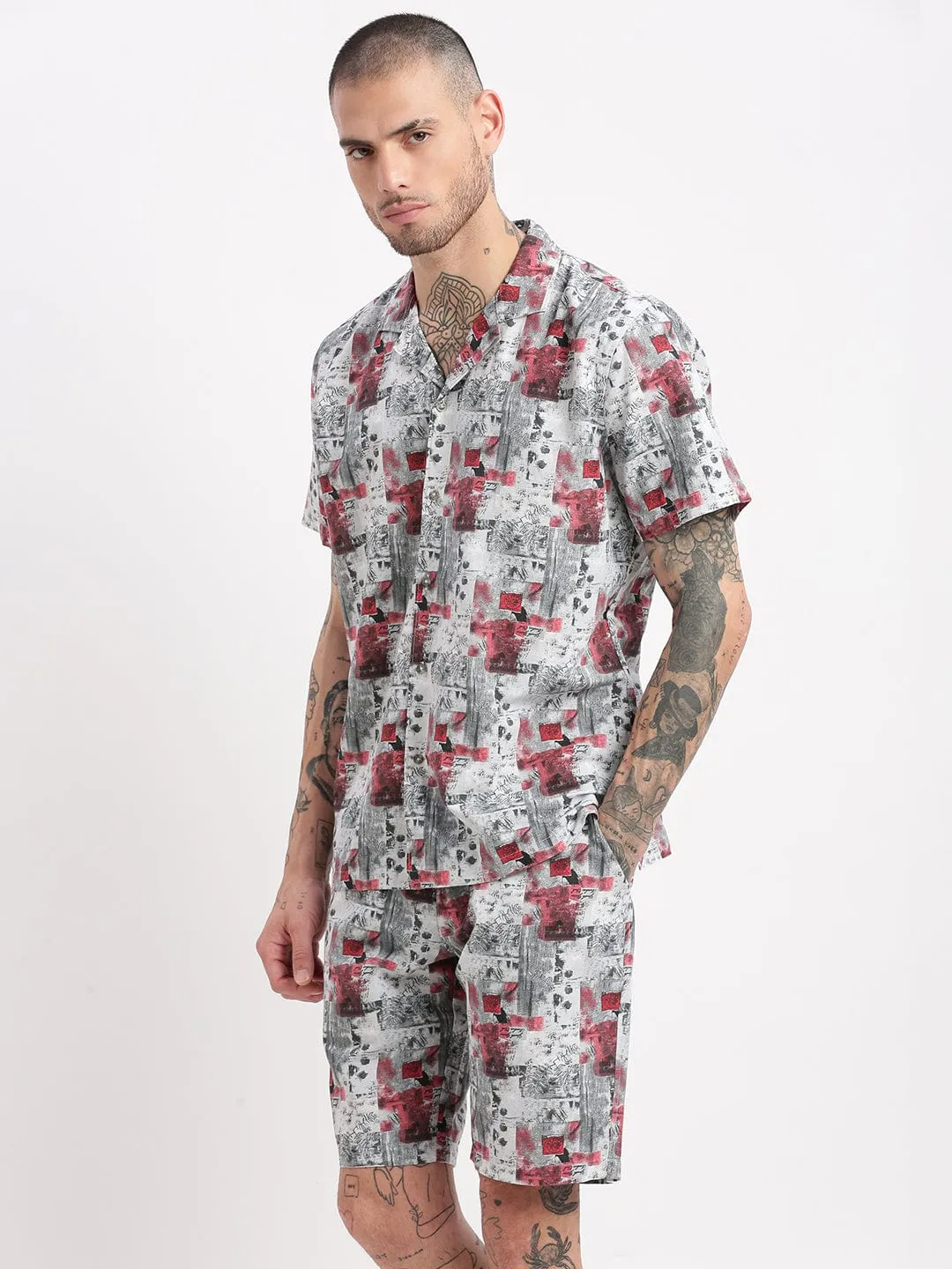 Men Abstract Printed Cuban Collar Grey Co Ords Set