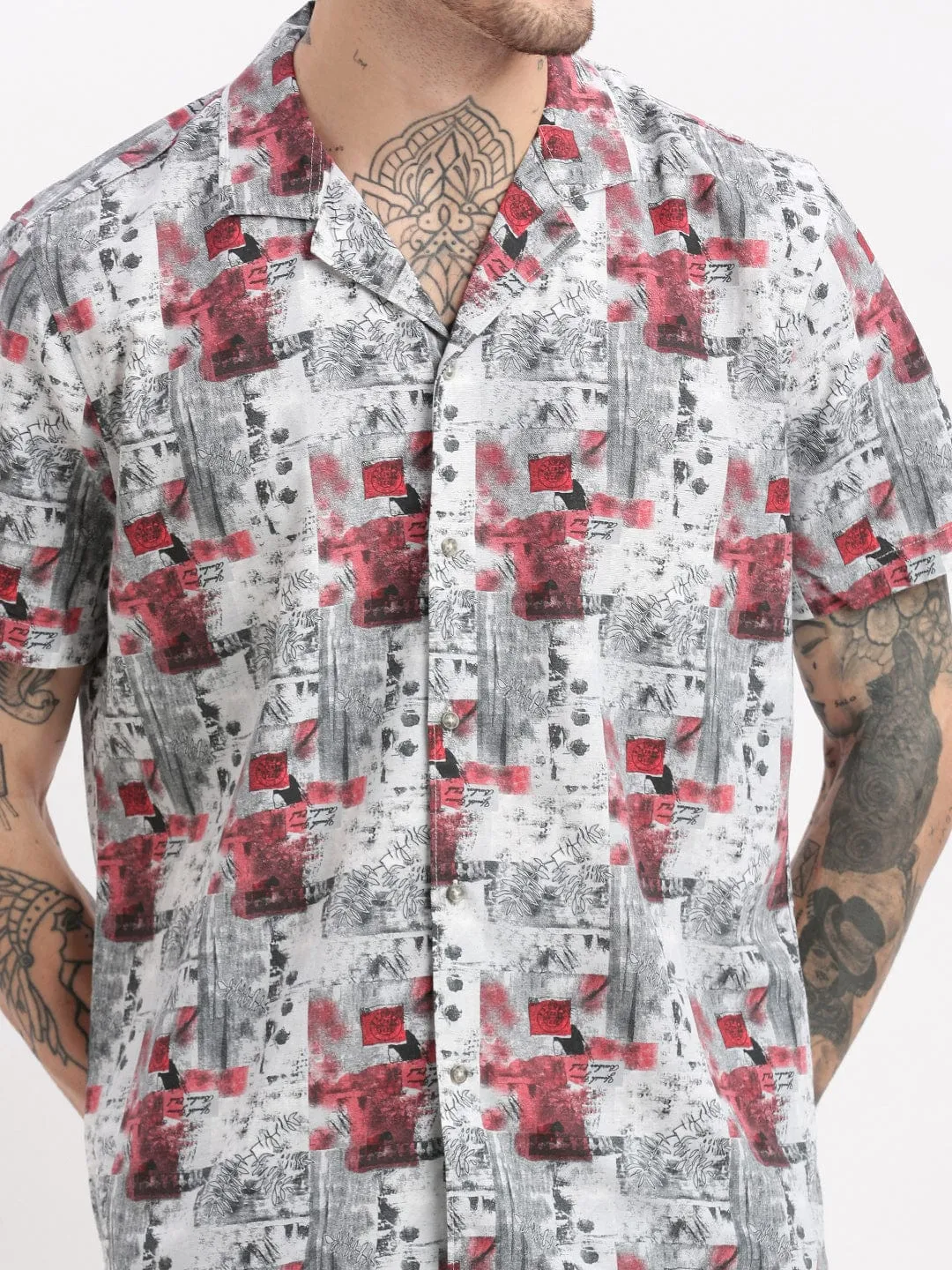 Men Abstract Printed Cuban Collar Grey Co Ords Set