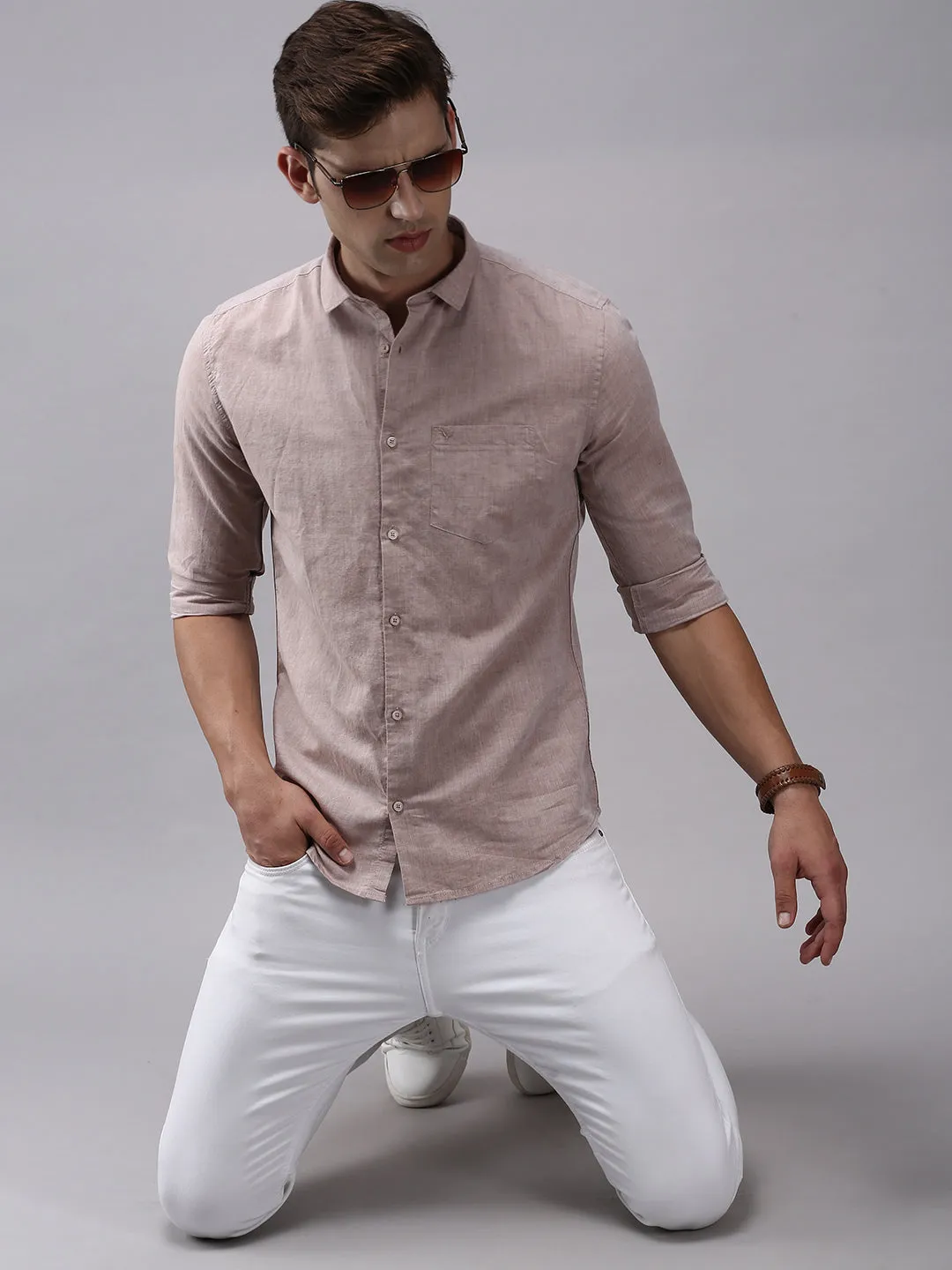 Men Beige Classic Cotton Casual Shirt