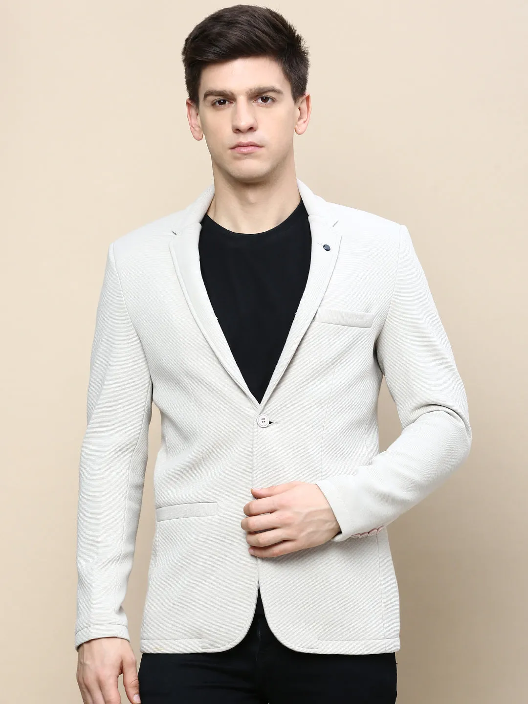Men Beige Notched Lapel Single Breasted Blazer