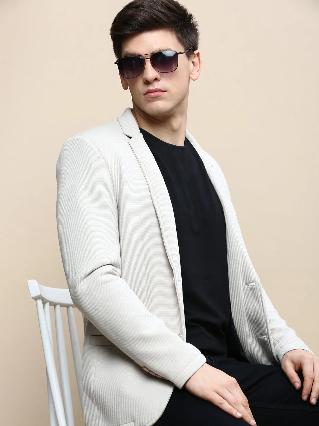 Men Beige Notched Lapel Single Breasted Blazer