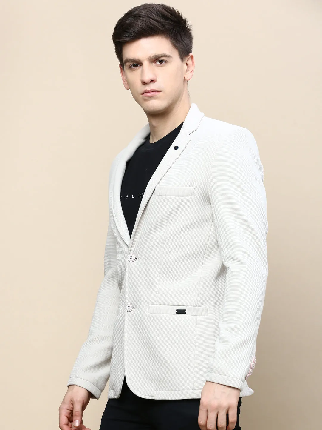 Men Beige Notched Lapel Single Breasted Blazer