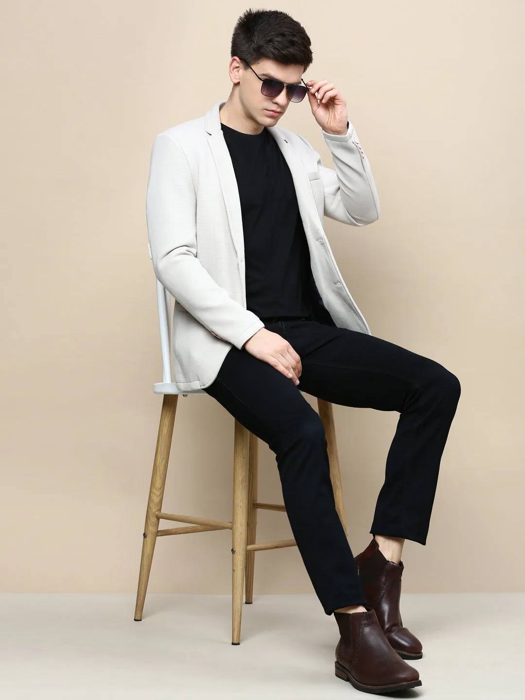 Men Beige Notched Lapel Single Breasted Blazer