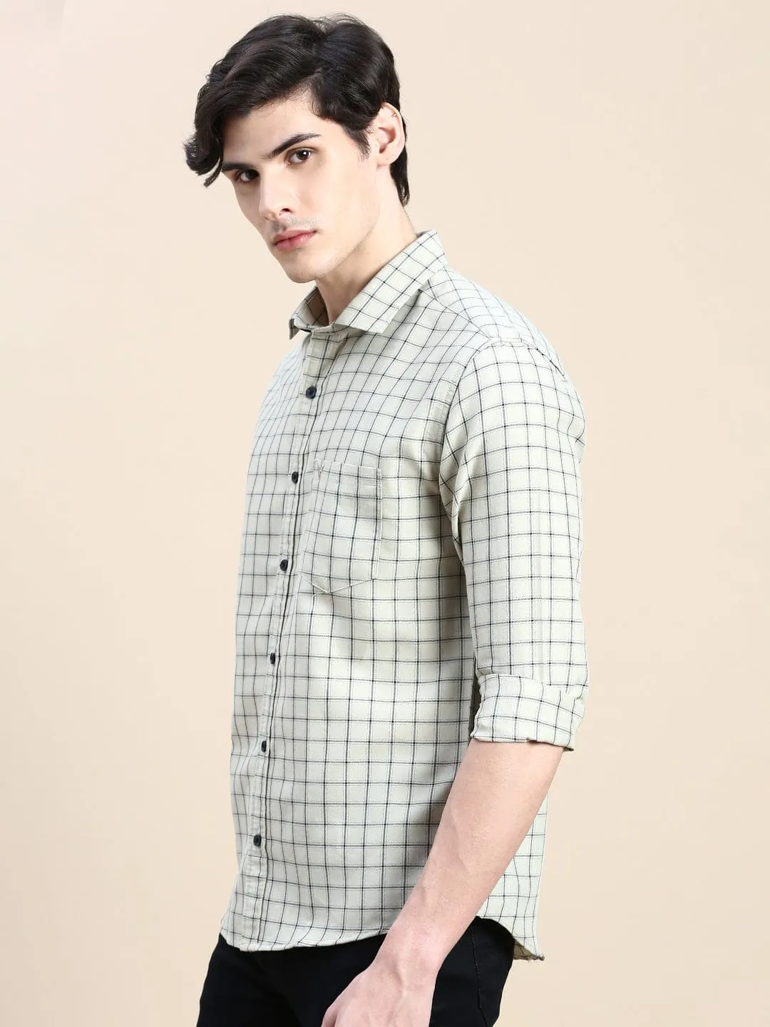 Men Beige Standard Slim Fit Checked Spread Collar Long Sleeves Cotton Casual Shirt