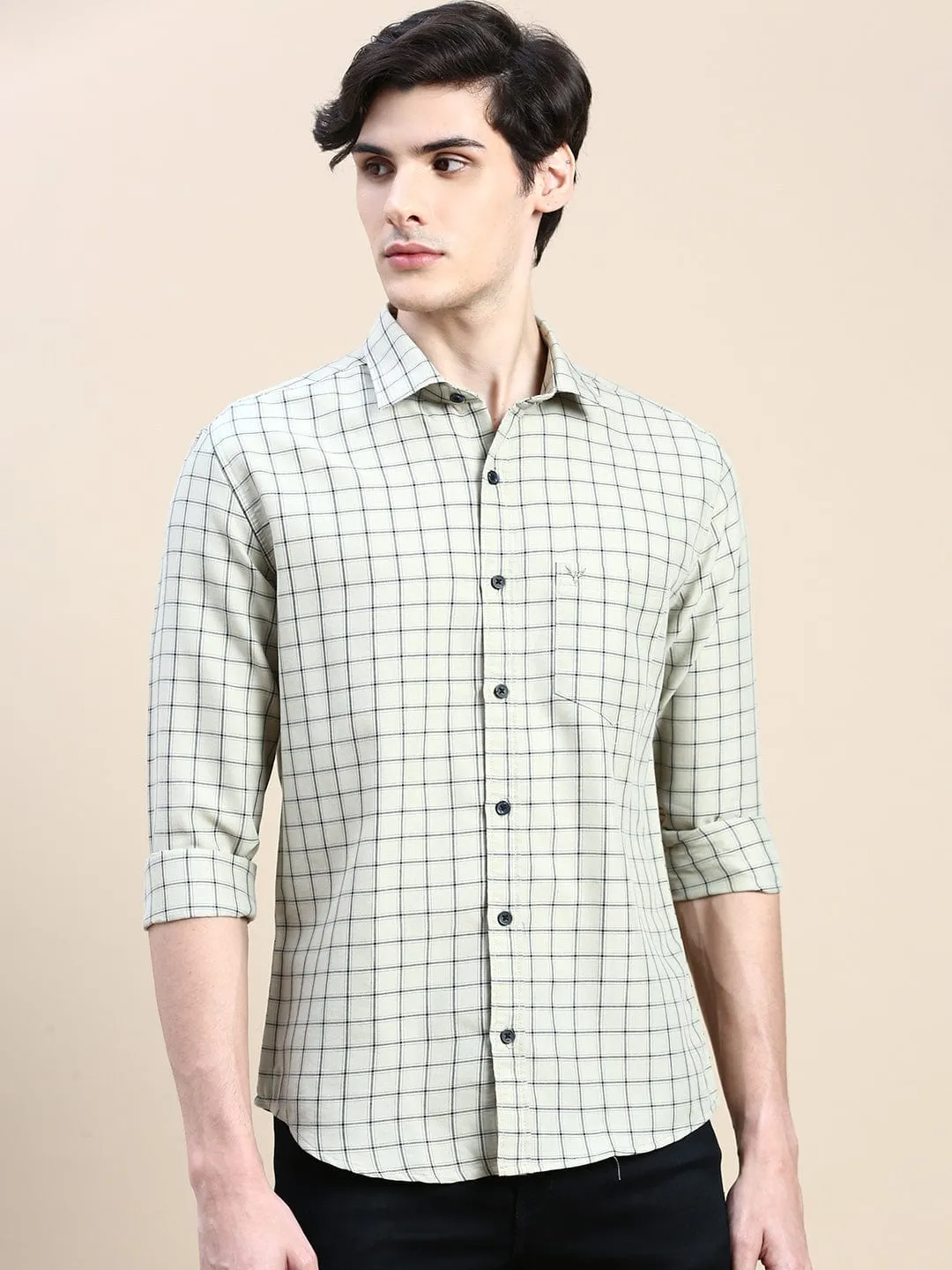 Men Beige Standard Slim Fit Checked Spread Collar Long Sleeves Cotton Casual Shirt