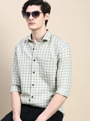 Men Beige Standard Slim Fit Checked Spread Collar Long Sleeves Cotton Casual Shirt