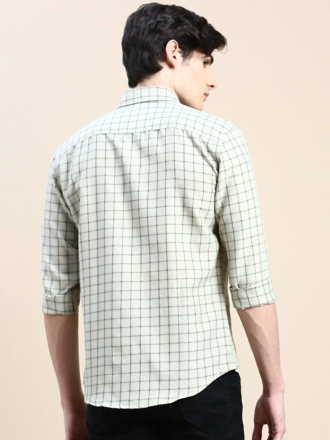 Men Beige Standard Slim Fit Checked Spread Collar Long Sleeves Cotton Casual Shirt