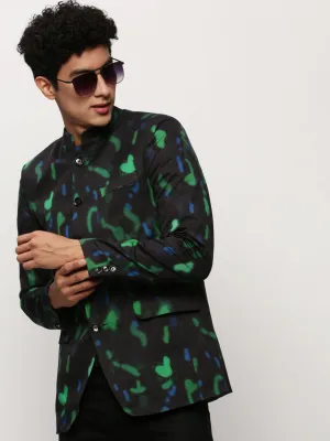 Men Black Abstract Printed Slim-Fit Cotton Bandhgala Blazer