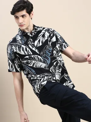 Men Black Conversational Printed Cotton Casual Shirt