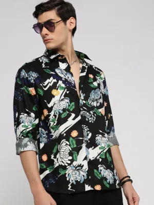 Men Black Slim Fit Spread Collar Floral Printed Cotton Casual Shirt