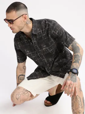 Men Black Smart Slim Fit Floral Opaque Printed Cotton Casual Shirt
