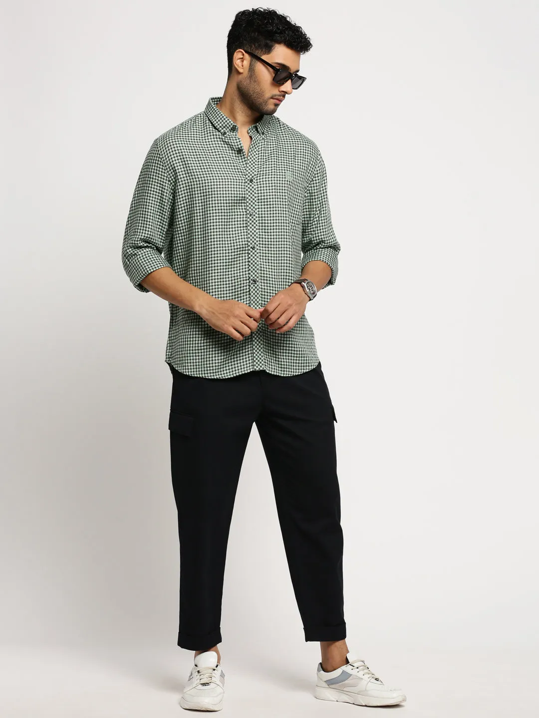 Men Green Checked Standard Slim Fit Cotton Casual Shirt