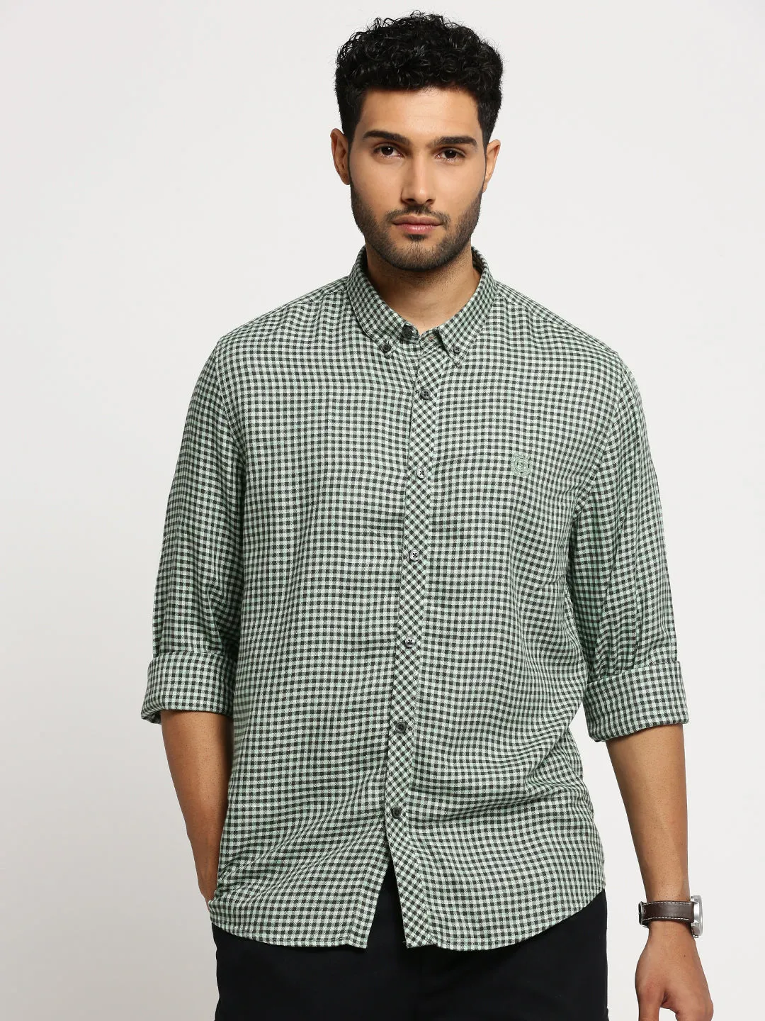Men Green Checked Standard Slim Fit Cotton Casual Shirt