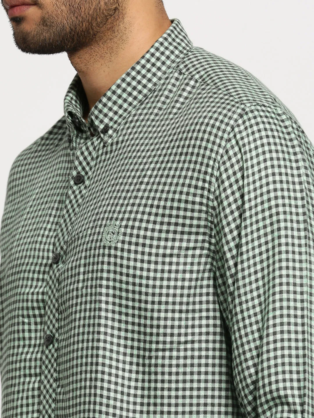 Men Green Checked Standard Slim Fit Cotton Casual Shirt