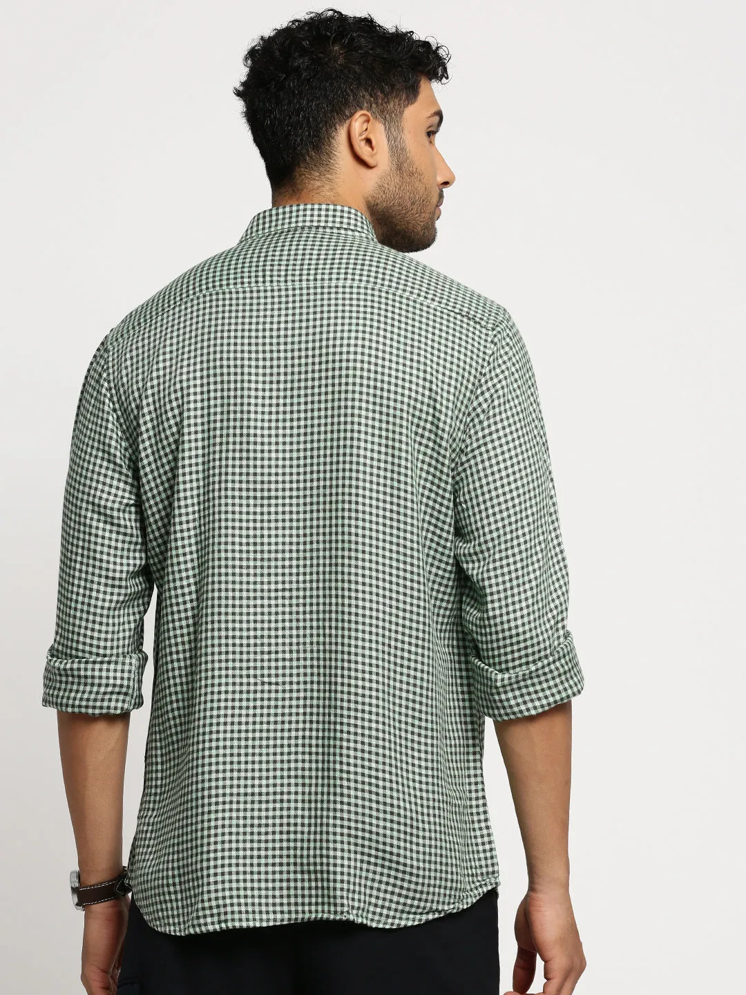 Men Green Checked Standard Slim Fit Cotton Casual Shirt