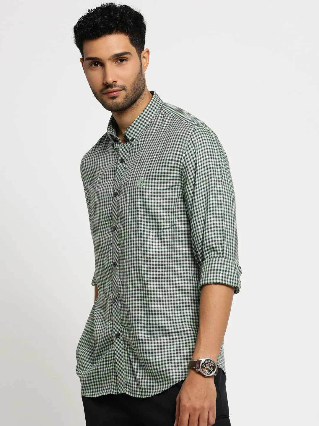 Men Green Checked Standard Slim Fit Cotton Casual Shirt