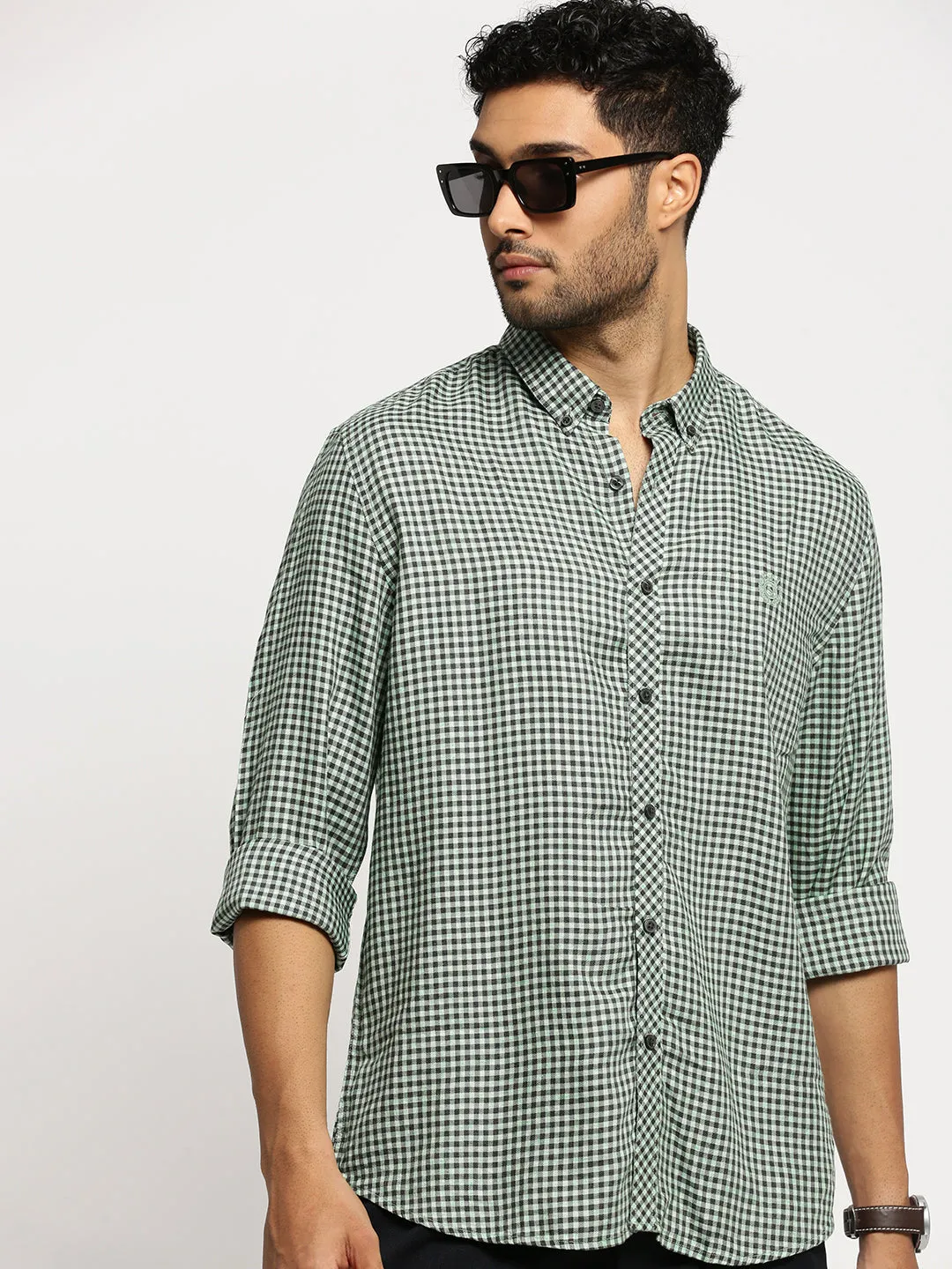 Men Green Checked Standard Slim Fit Cotton Casual Shirt