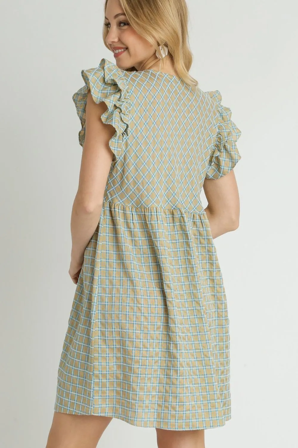 Plaid V-Neck Ruffle Cap Sleeve Dress in Sage