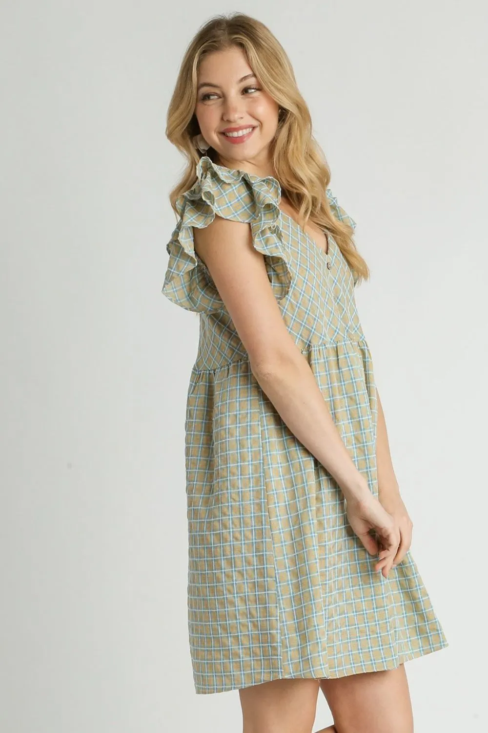 Plaid V-Neck Ruffle Cap Sleeve Dress in Sage