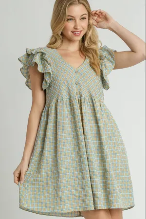 Plaid V-Neck Ruffle Cap Sleeve Dress in Sage