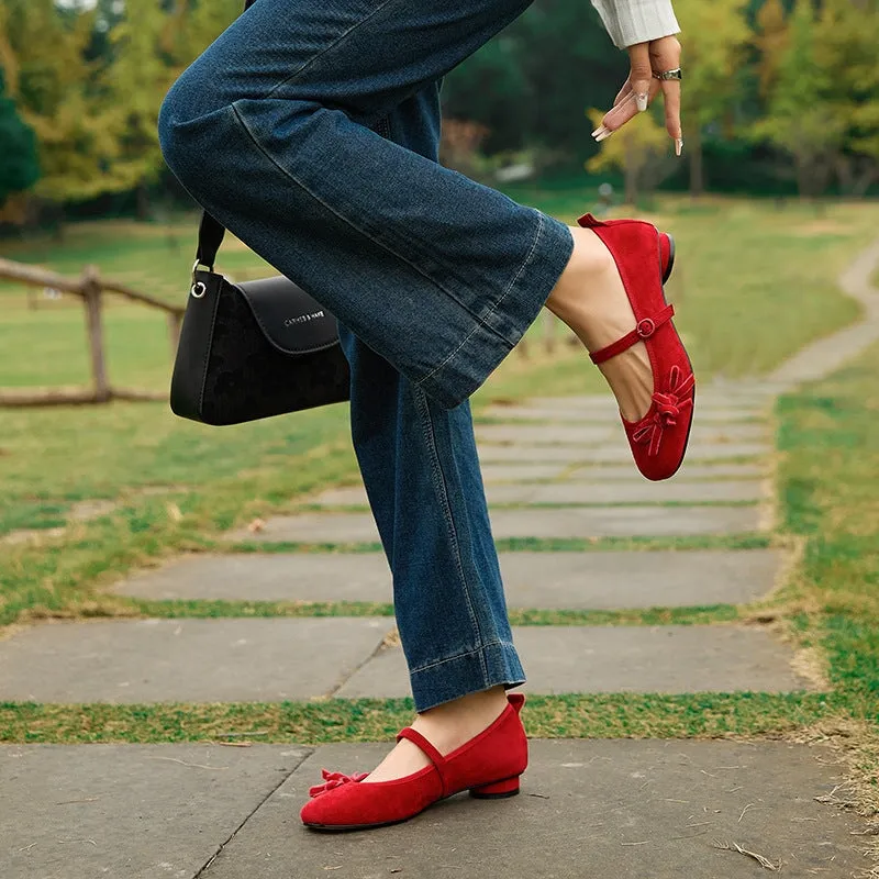 Round-Toe Sheepskin Mary Jane Flats with Bow Design Red/Black