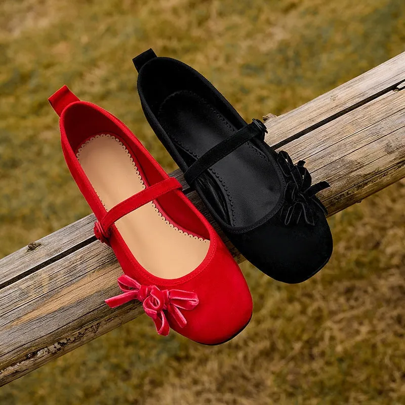 Round-Toe Sheepskin Mary Jane Flats with Bow Design Red/Black