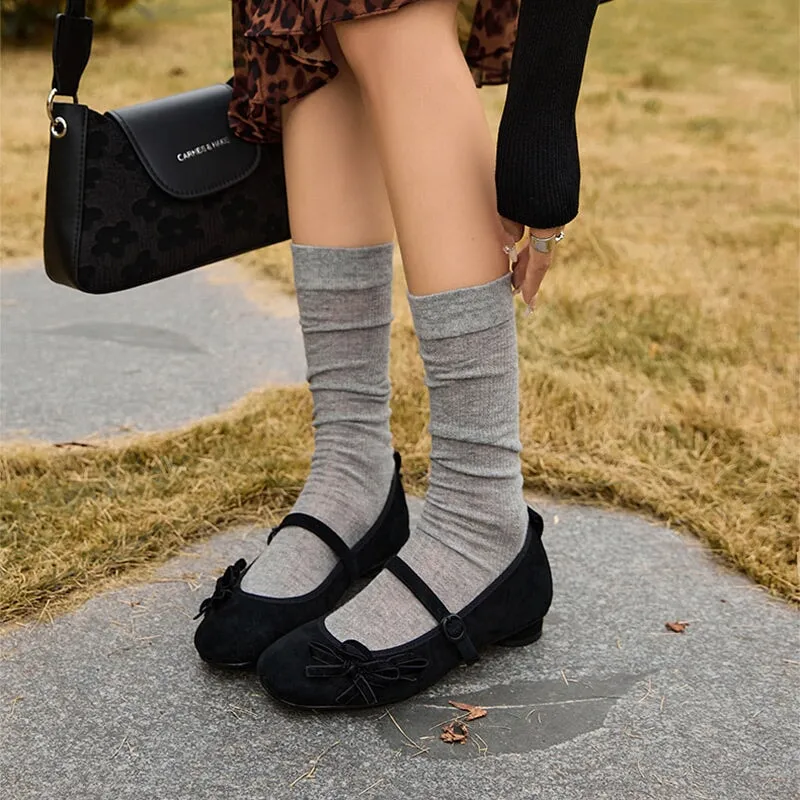 Round-Toe Sheepskin Mary Jane Flats with Bow Design Red/Black