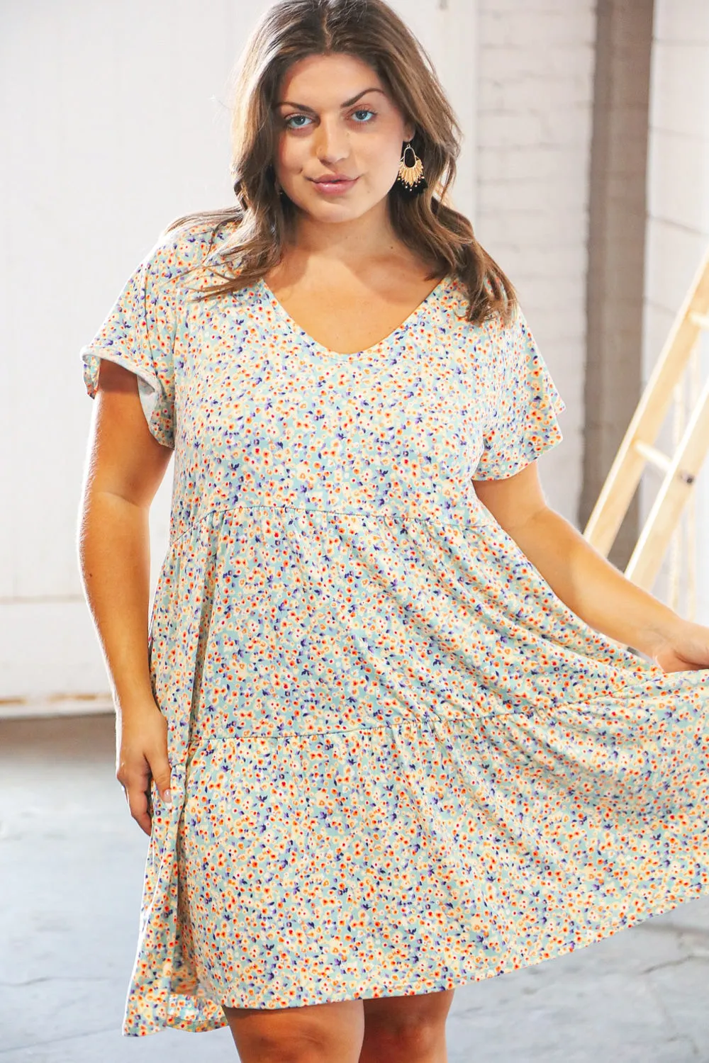 Sky Blue Ditzy Floral Flutter Sleeve V Neck Midi Dress