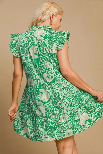 Umgee Full Size Printed Ruffle Cap Sleeve Babydoll Dress